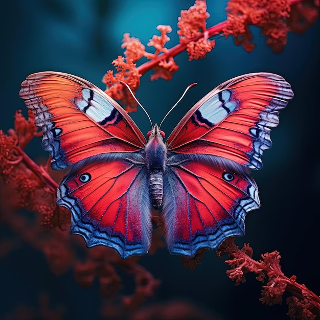 a butterfly with a red background in the style of tiltshift lenses ultraviolet