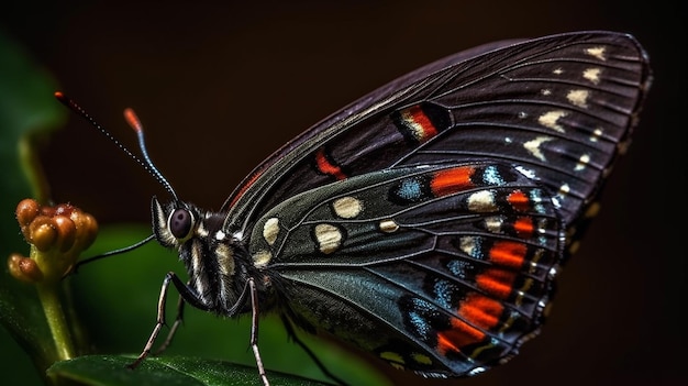 A butterfly with red, black, and blue markings sits on a leaf.