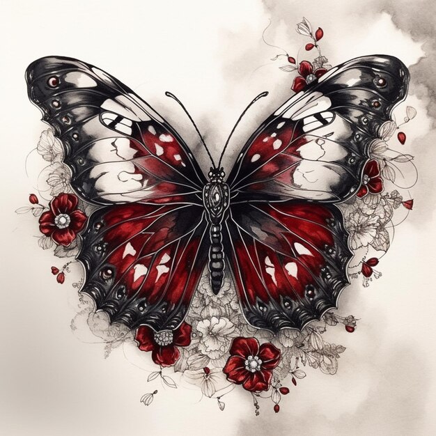 Butterfly with red and black wings and flowers on a white background generative ai