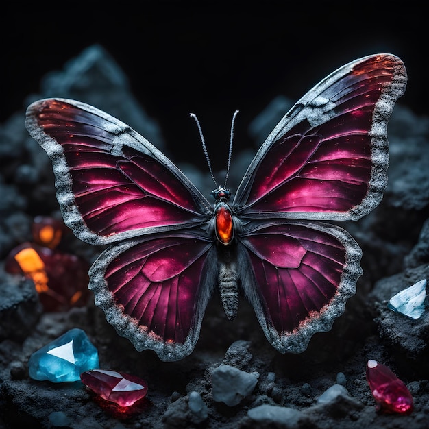 a butterfly with a red and blue body and some crystals