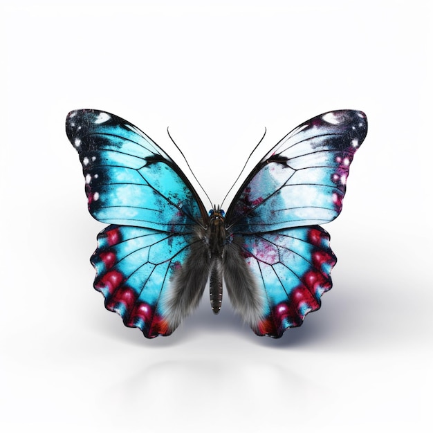 A butterfly with red and blue wings is shown on a white background.