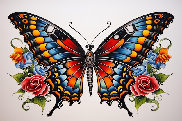 Butterfly with roses and leaves on its wings on a white background generative ai