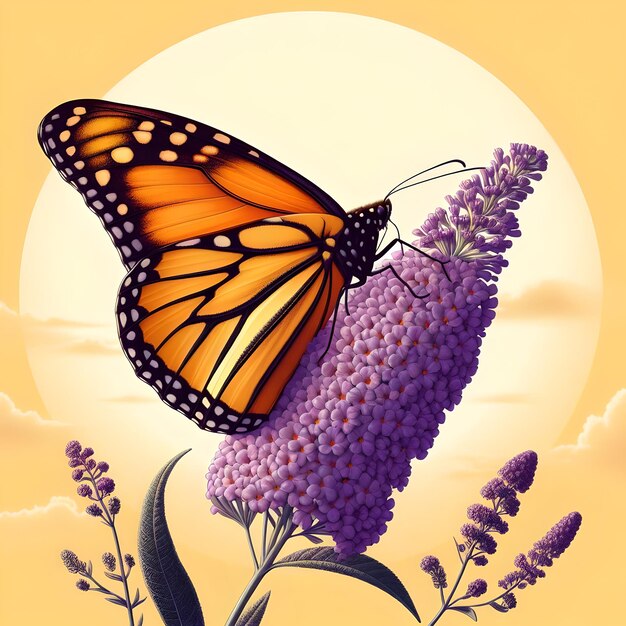 Photo butterfly with sunset with flat color background