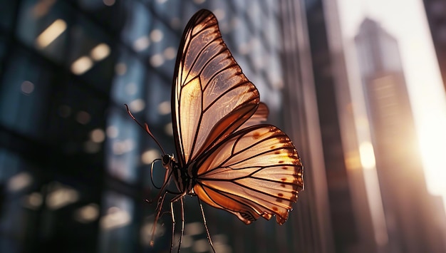 A butterfly with transparent wings against the backdrop of city buildings The concept of beauty and fragility in an urban environment