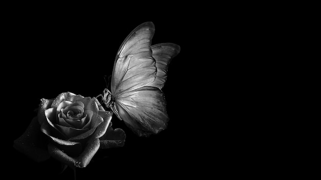 A butterfly with a white flower in the background