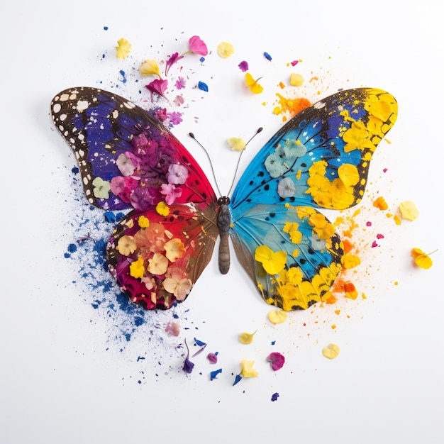 A butterfly with yellow and blue paint on it
