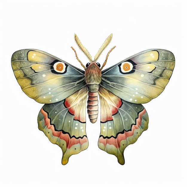 노란 눈을 가진 나비는 흰색 배경에 있습니다.