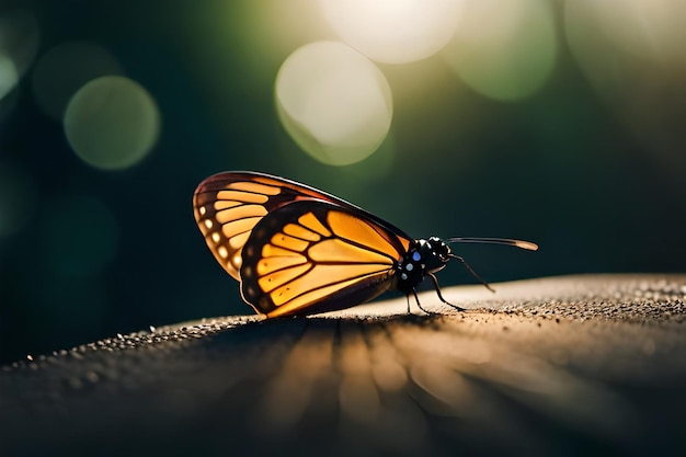 a butterfly with a yellow wings sits on a stone.