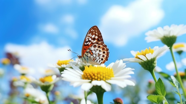 Butterlfy on flower cloudy blue sky clear focus 4K 8K