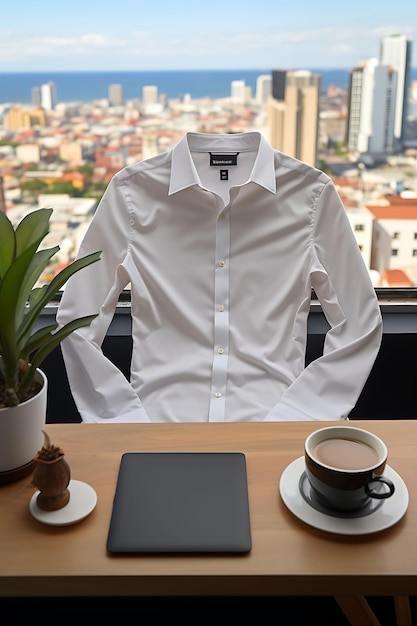Photo button up shirt in a sophisticated office cityscape view wit clean blank white photoshoot tee