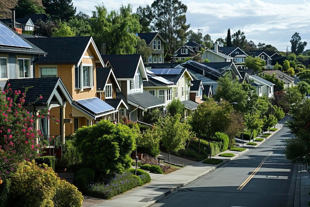 Foto buurt vol huizen met zonnepanelen op het dak