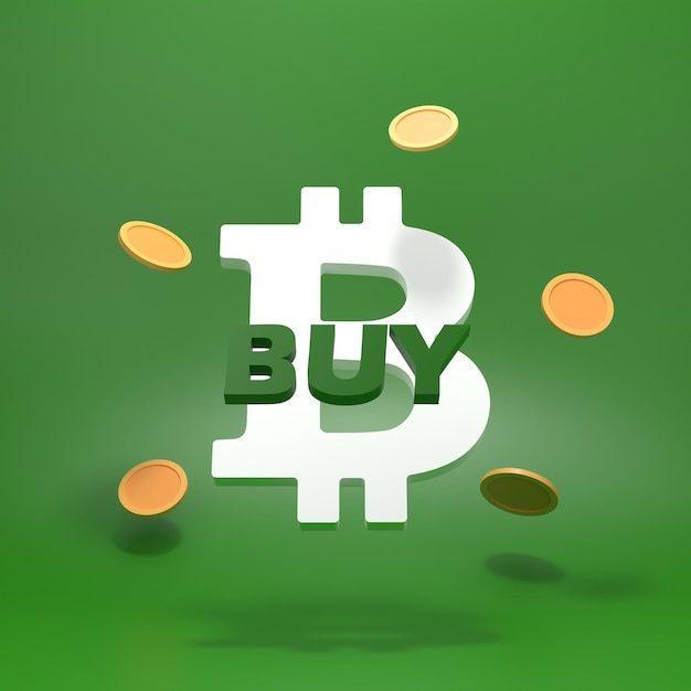 Buy bitcoin. Bitcoin sign and coins. The concept of buying cryptocurrency. 3d render.