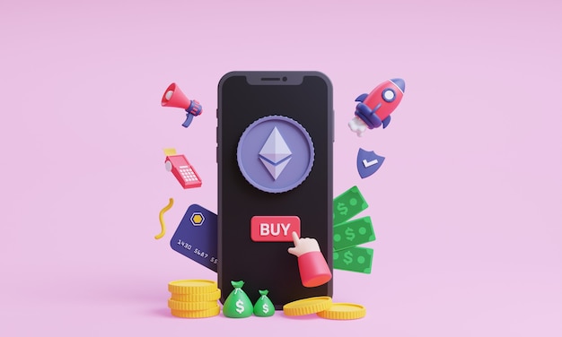 ethereum 3d 그림 구매 모바일 개념 3d 렌더링으로 온라인으로 cryptocurrency 구매