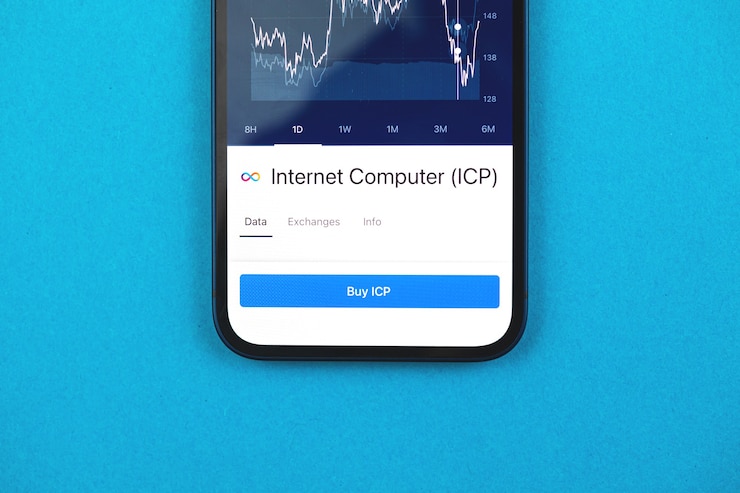 Photo buy internet computer icp cryptocurrency, mobile phone app with button, concept of online trade, investment and exchange with smartphone, business office desk top view photo