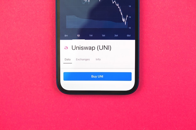 사진 uniswap uni 암호화 통화, 버튼이 있는 휴대폰 앱, 온라인 거래의 개념, 스마트폰, 금융, 사무실 책상 탑 뷰를 통한 투자 및 동전 교환 구매