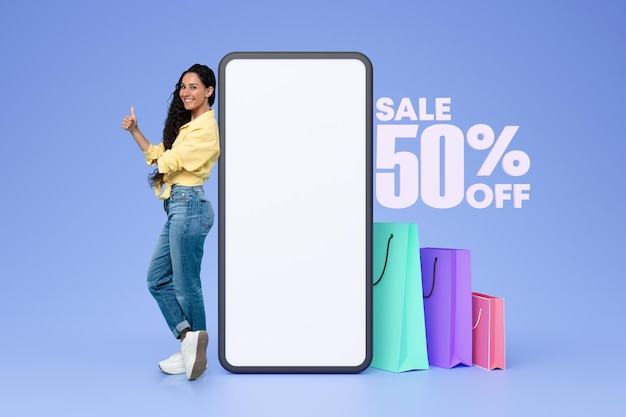 Buyer woman posing near empty phone screen advertising sale collage