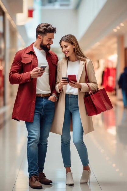 Buyers Couple Shopping Holding Colorful Shopper Bags in shopping Mall Generative ai