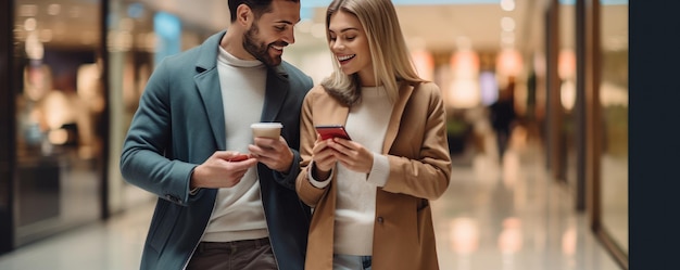 Buyers Couple Shopping Holding Colorful Shopper Bags in shopping Mall Generative ai