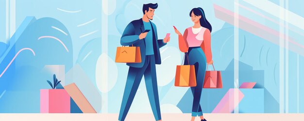 Buyers Couple Shopping Holding Colorful Shopper Bags in shopping Mall Generative ai