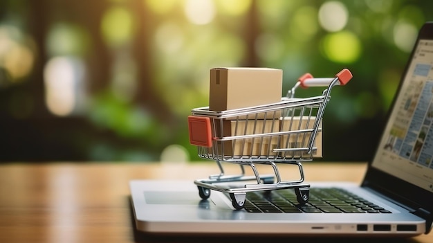 Photo buying online concept shopping cart full of cardboard box on laptop