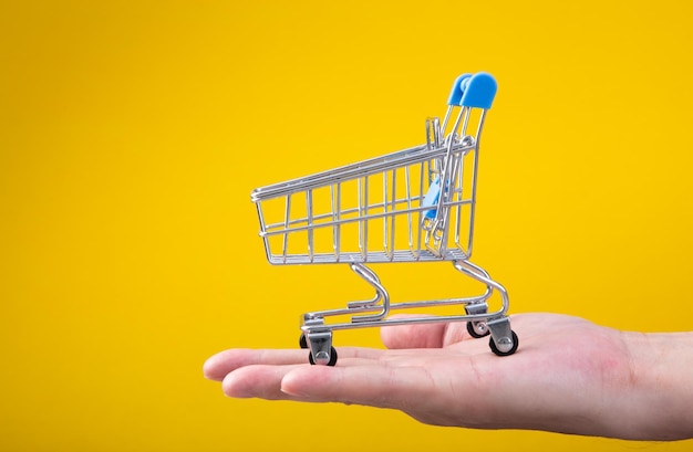 Buying things at market shops concept hand with tiny shopping cart