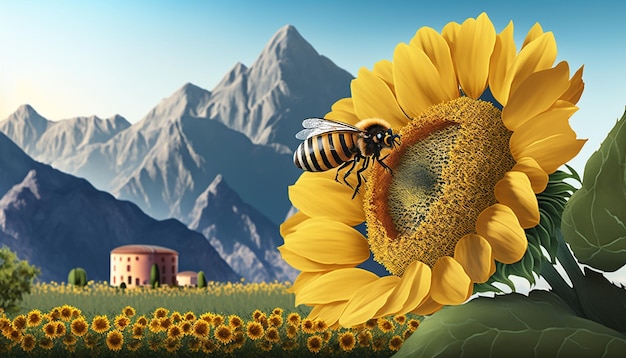 Buzzing Beauty Sunflower and Bee Design с технологией генеративного искусственного интеллекта