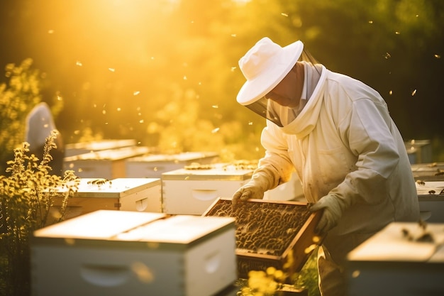 Buzzing Harmony Beekeeper Tending Bees in Apiary Generative By Ai