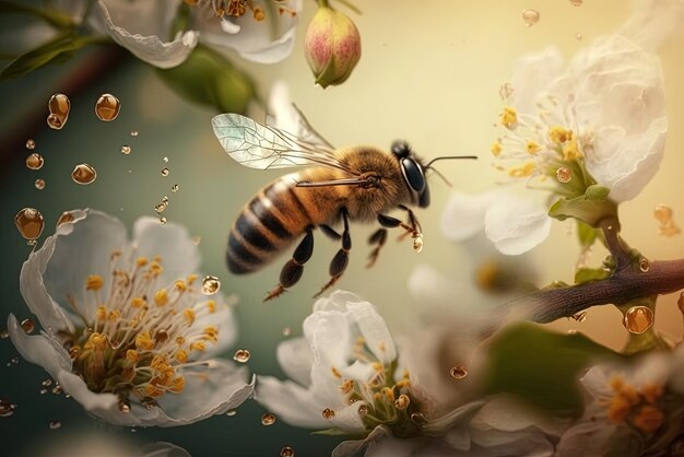Фото Звучащая пчела собирает пыльцу из цветка яблони.