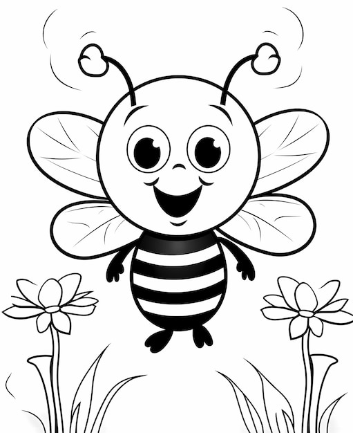 Photo buzzy bee fun super easy cartoon coloring page with cute bee in simple black white