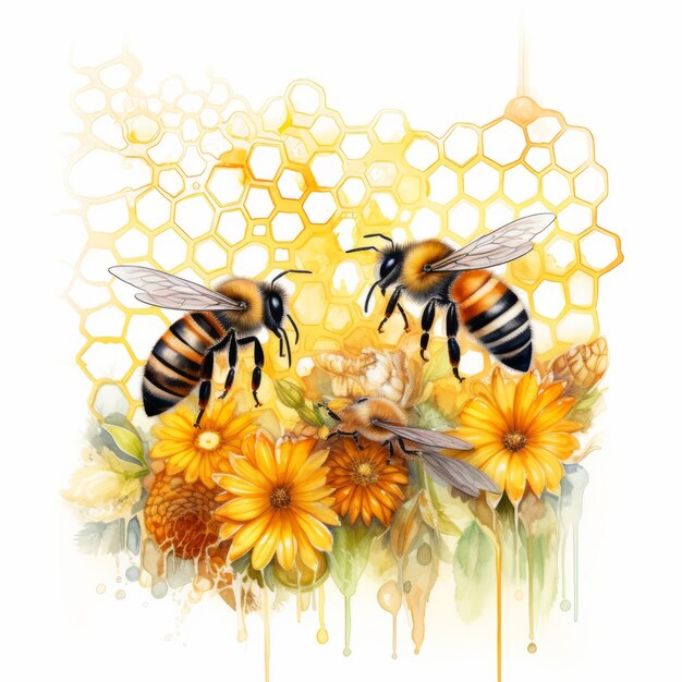 Photo buzzy delights playful and sassy bees amid delicate wildflowers and sunflowers on a watercolor whit