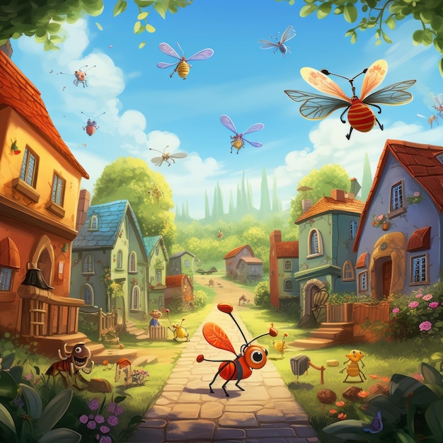 Photo the buzzy schoolyard a charming insect village adventure in pixar style