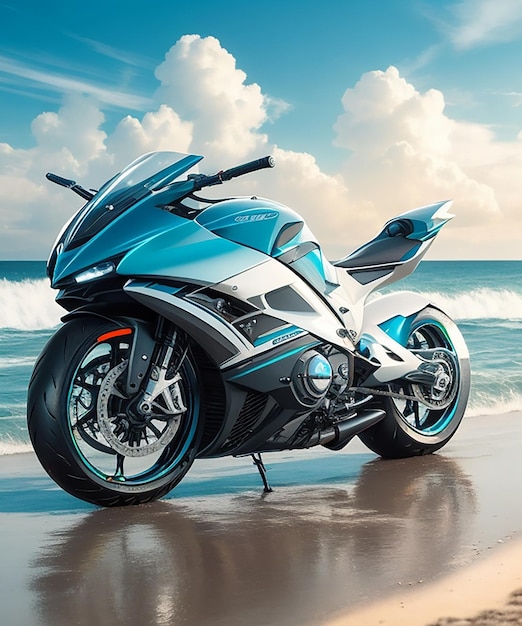 By the sea side futuristic motorcycle