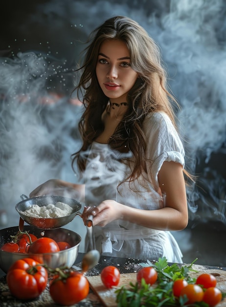 BYoung woman in a white dress is cooking in the kitchen