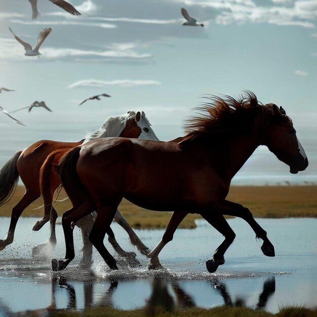 caballos corriendo en el llano en lagos con gaviotas