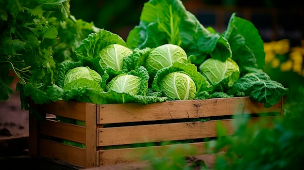 Photo cabbage in a box in the garden selective focus