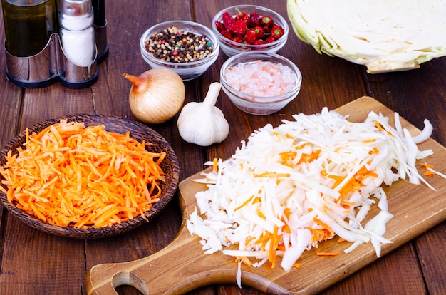 Cabbage and carrots, cut into strips for cooking. 