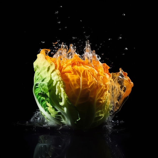 Cabbage in the clash of water and fire on black background