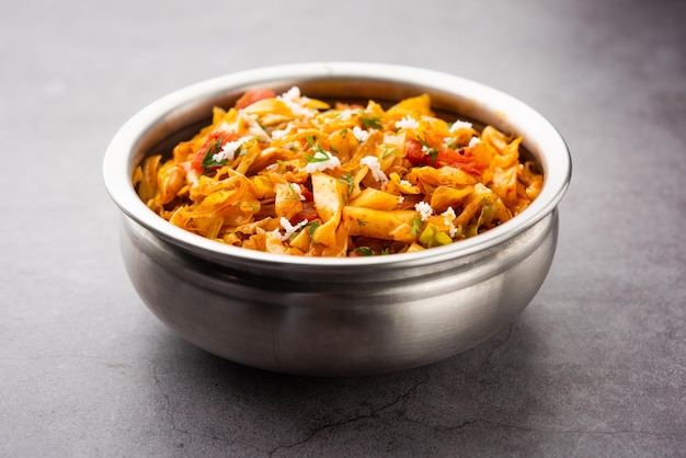 Cabbage coconut sabzi or vegetable with turmeric powder also known as patta gobi ki sabji, stir fried popular Indian food