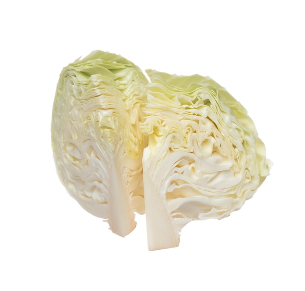 Cabbage fly in mid air green fresh vegetable cabbage cut chop half quarter head Organic fresh vegetable with eaten leaf of cabbage falling close up texture White background isolated freeze motion