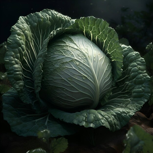 Cabbage in the garden on a dark background Closeup