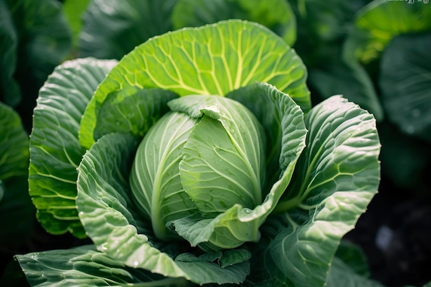 Cabbage growing in an urban garden cabbage leaves and head close up generative ai