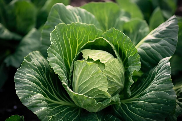 Photo cabbage growing in an urban garden cabbage leaves and head close up