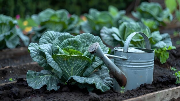 cabbage growing in the vegetable garden with watering can on a sunny day