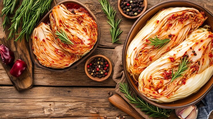 Photo cabbage kimchi showcasing its colorful spicy essence placed on a clean surface the image highlig