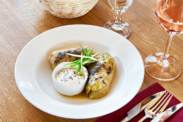 Cabbage rolls on dinner table in restaurant