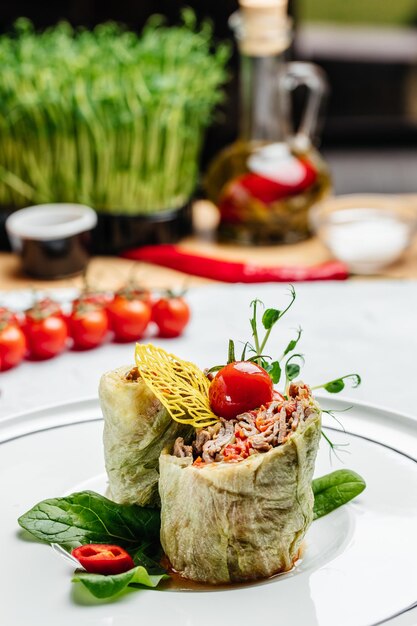 Cabbage rolls stuffed with ground beef meat. vertical image. top view. place for text