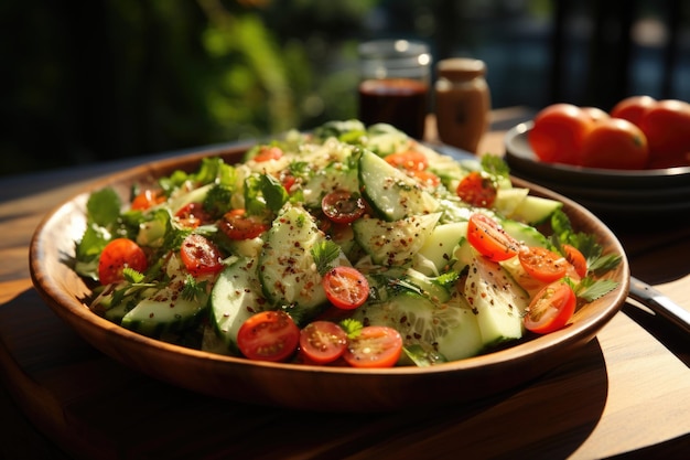 Cabbage salad with sesame sauce on a wooden plate on a balcony generative IA