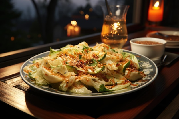 Cabbage salad with sesame sauce on a wooden plate on a balcony generative IA