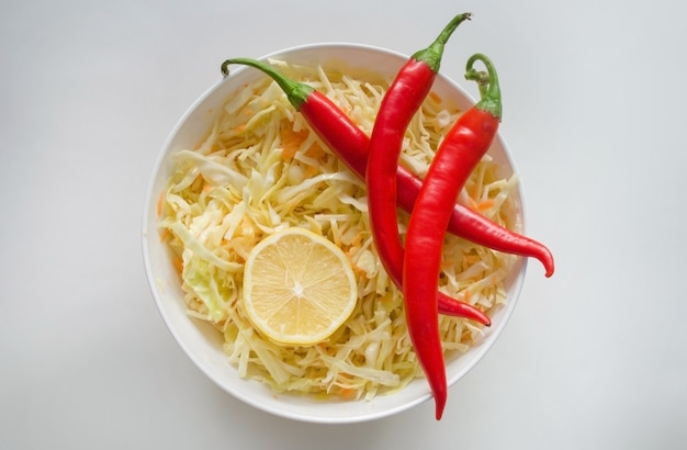 Cabbage salad with spicy red pepper top view