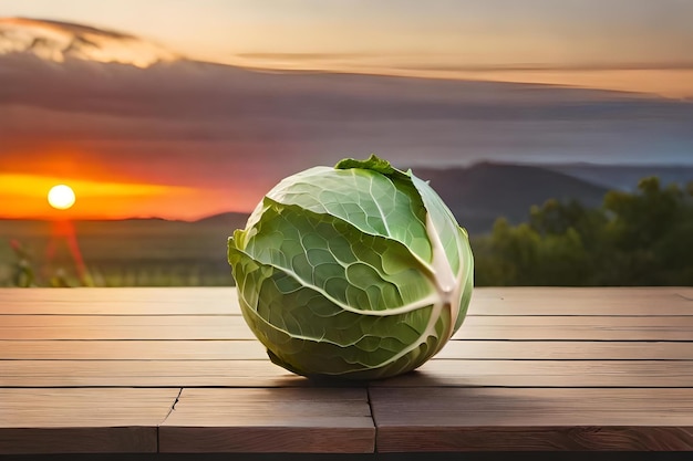 Cabbage on a table with a sunset in the background
